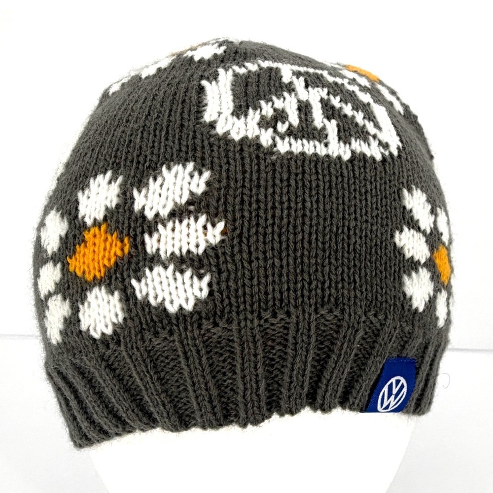 Volkswagen DriverGear VW Daisy Flower Knit Beanie Gray Yellow White One Size